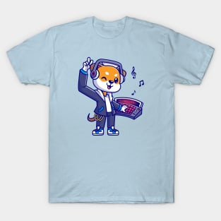 Cute Shiba Inu Dog DJ Playing Music Cartoon T-Shirt